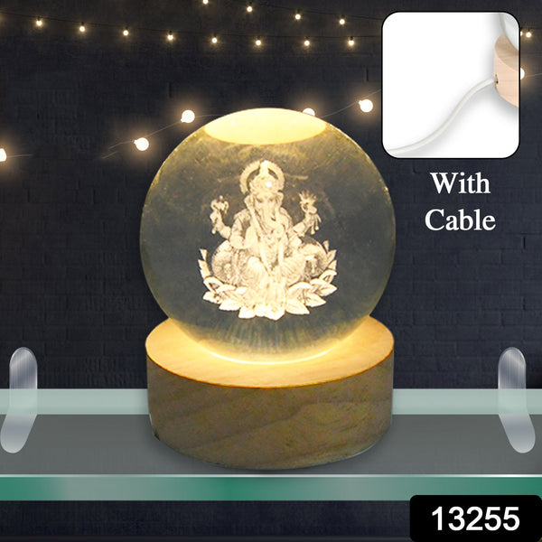 Ganpati 3D Crystal Ball lamps With Wood Base